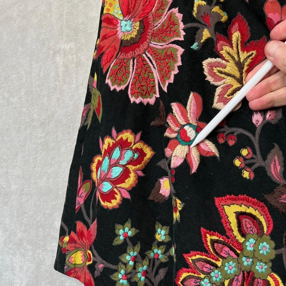 Megan Park‎ England Skirt Womens Corduroy Black Embroidered Boho Floral Y2K